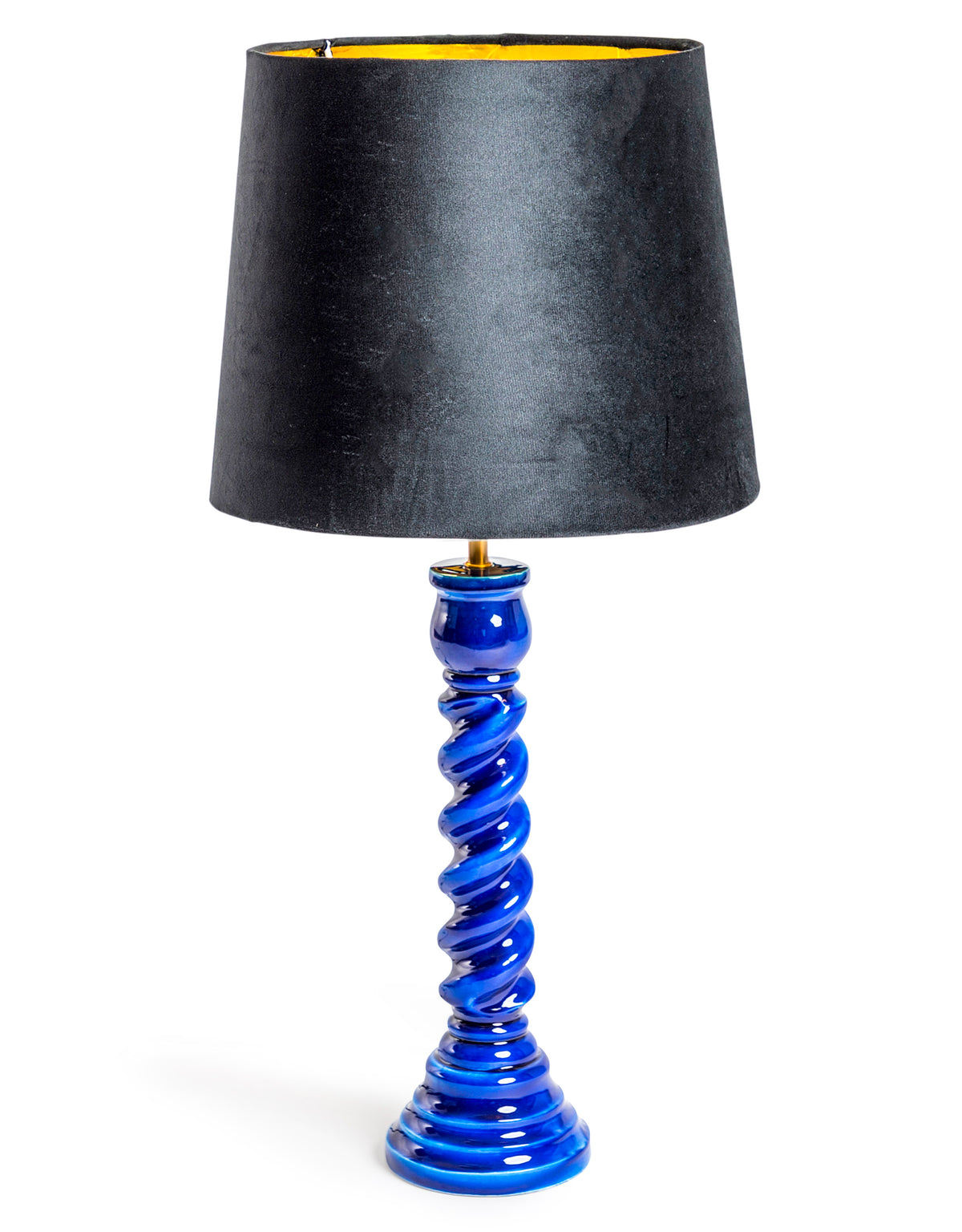 Sapphire Blue Gloss Wooden Table Lamp with Metallic-Lined Velvet Shade - RJS12