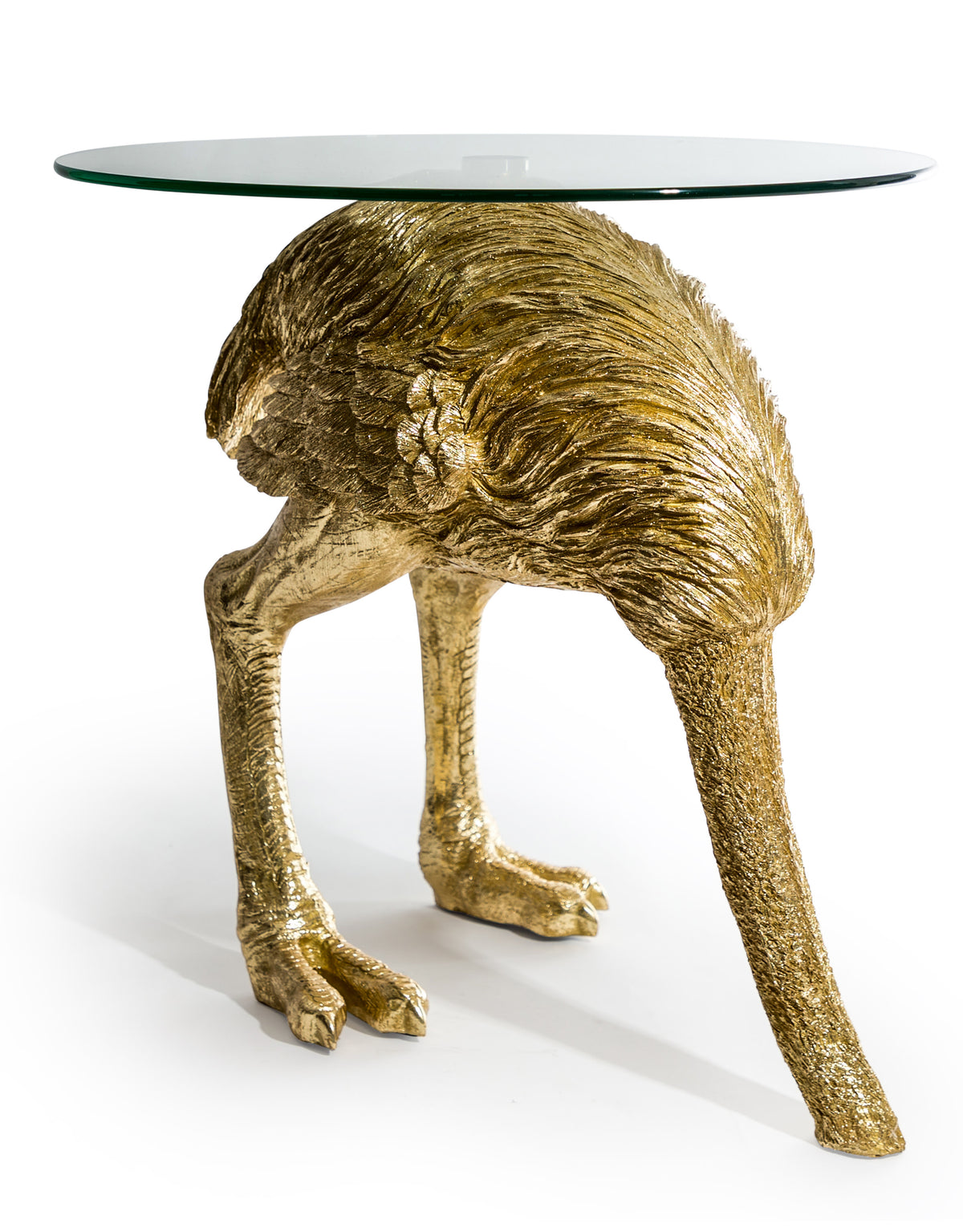Large Gold "Head-Buried" Ostrich Side Table w/ Glass Top - DVM48