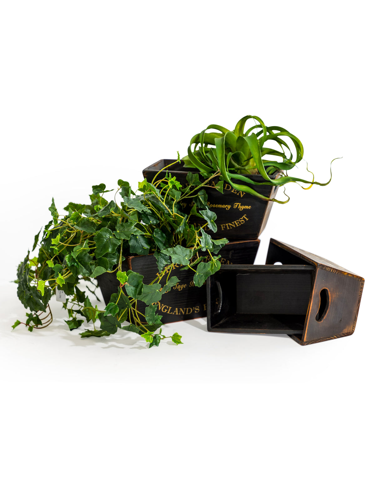 Set of 4 Antique Black Wooden 'Herb Garden' Planters / Storage Boxes - FC42