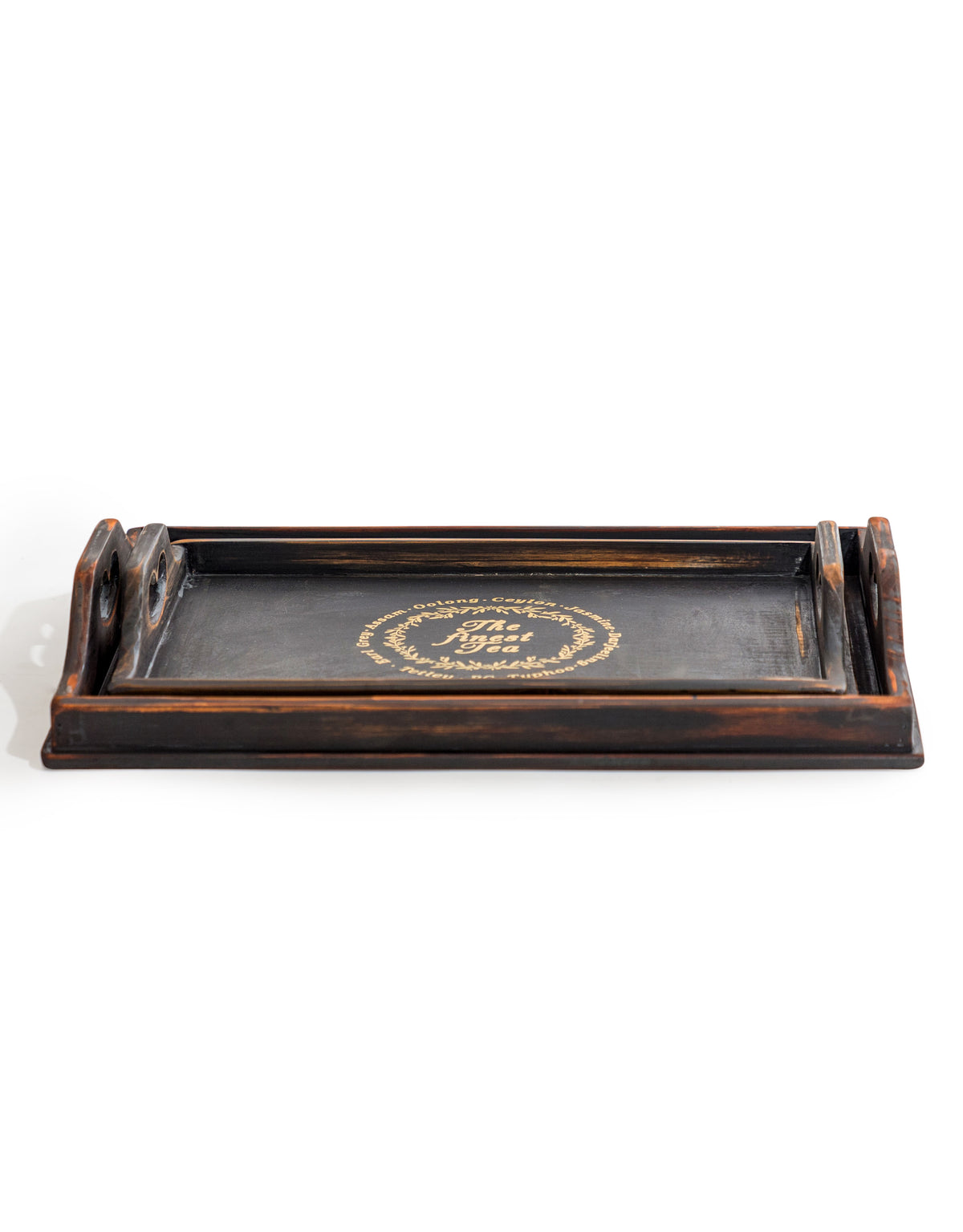 Set of 2 Antique Black Wooden 'Finest Tea' Trays - FC43