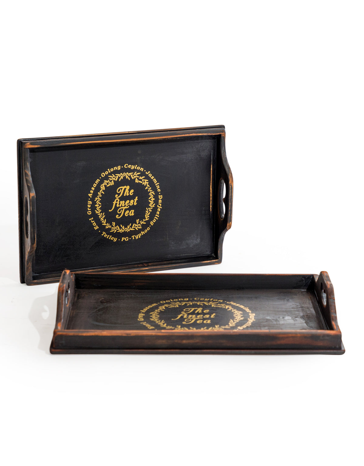 Set of 2 Antique Black Wooden 'Finest Tea' Trays - FC43