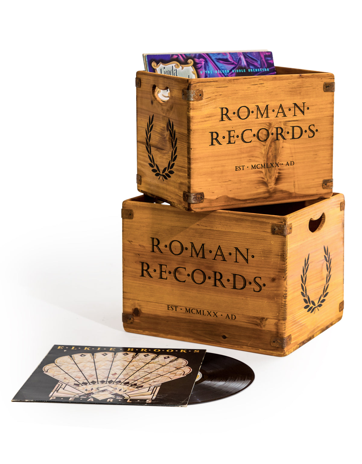 Set of 2 Antiqued Wooden "Roman Records" LP Record Storage Boxes - FC44