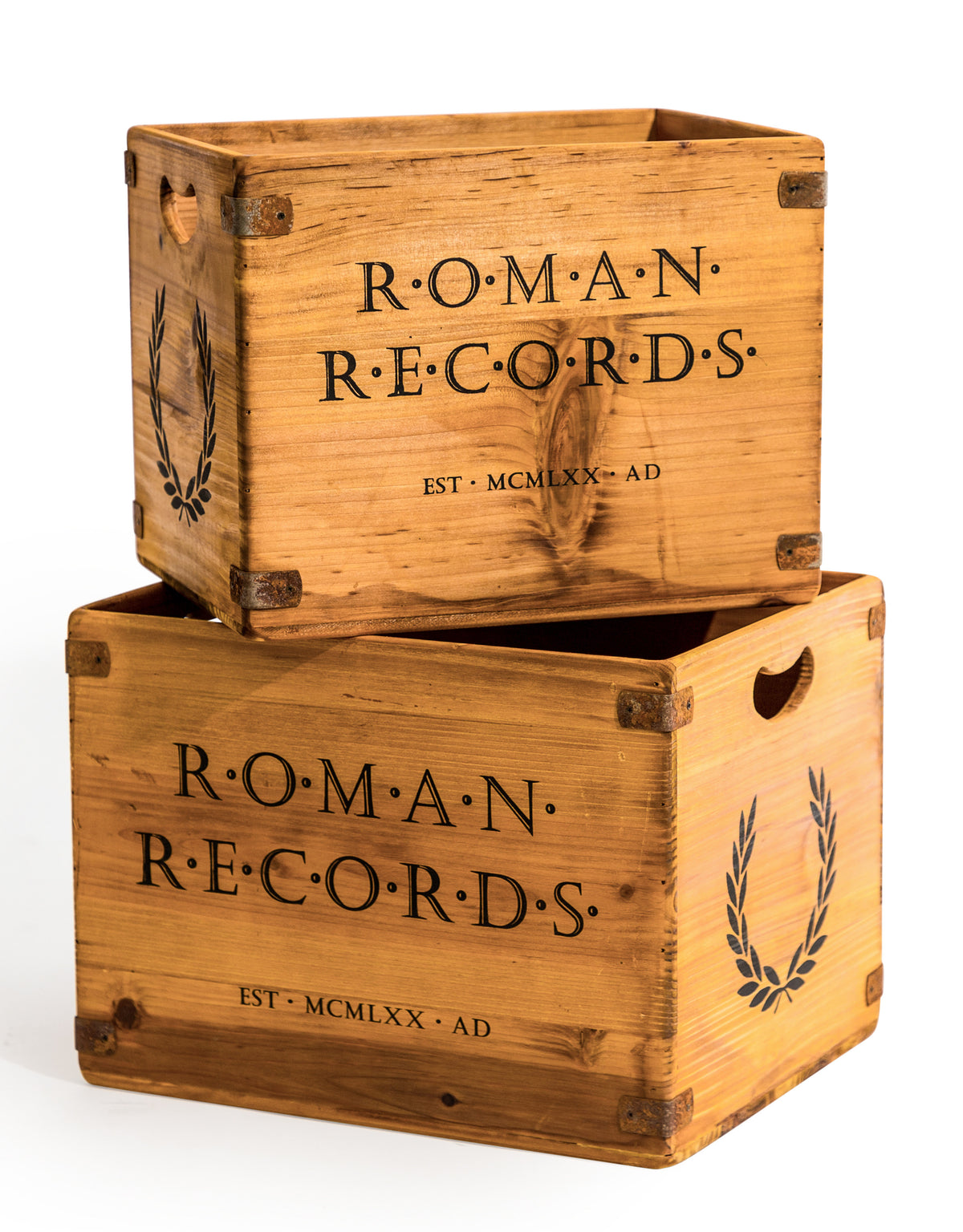 Set of 2 Antiqued Wooden "Roman Records" LP Record Storage Boxes - FC44