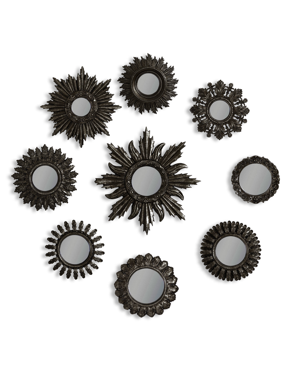 Set of 9 Assorted Ornate Antiqued Black Framed Mirrors - MK172