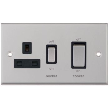 Selectric 7M-Pro Satin Chrome 45A DP Switch and 13A Switched Socket with Black Insert
