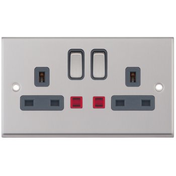 Selectric 7M-Pro Satin Chrome 2 Gang 13A DP Switched Socket with Neon and Grey Insert