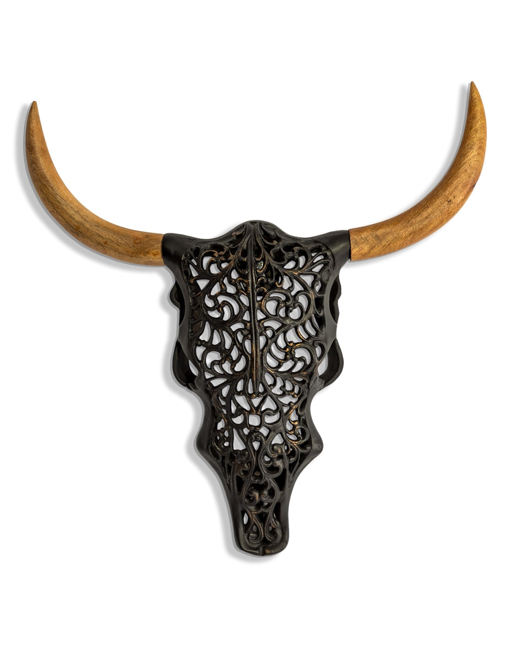Distressed Black and Wood Tribal Bison Wall Head - AL180