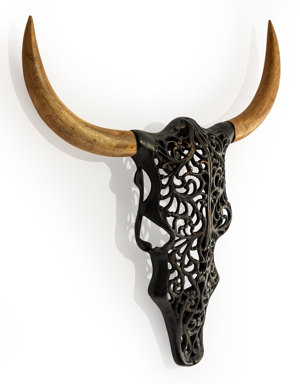 Distressed Black and Wood Tribal Bison Wall Head - AL180