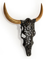 Distressed Black and Wood Tribal Bison Wall Head - AL180