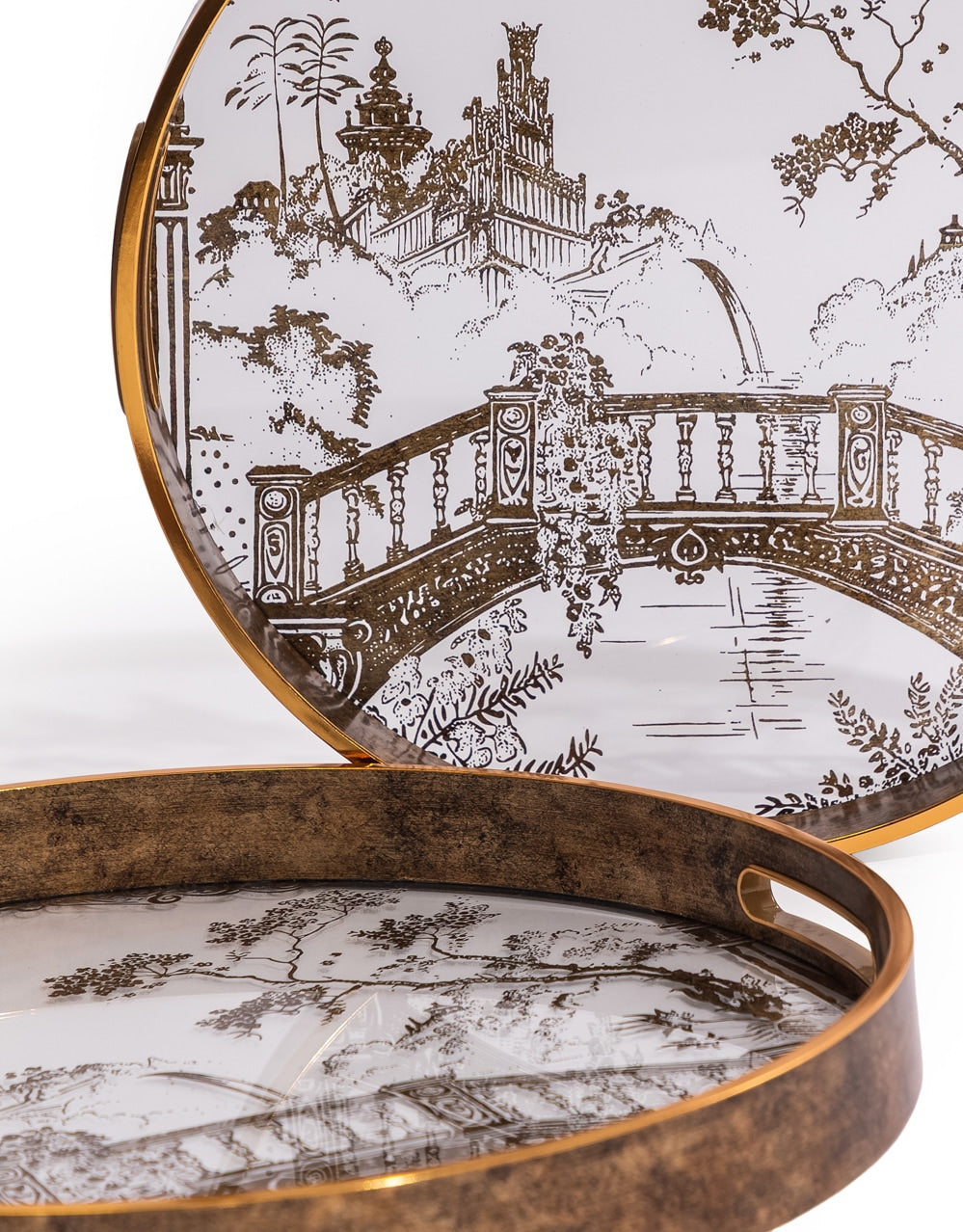 Set of 2 Dark Gold Oriental Garden Serving Trays - LUM22