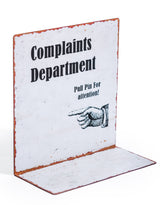 Grenade with "Complaints Department" Antiqued Metal Table Sign - ET364