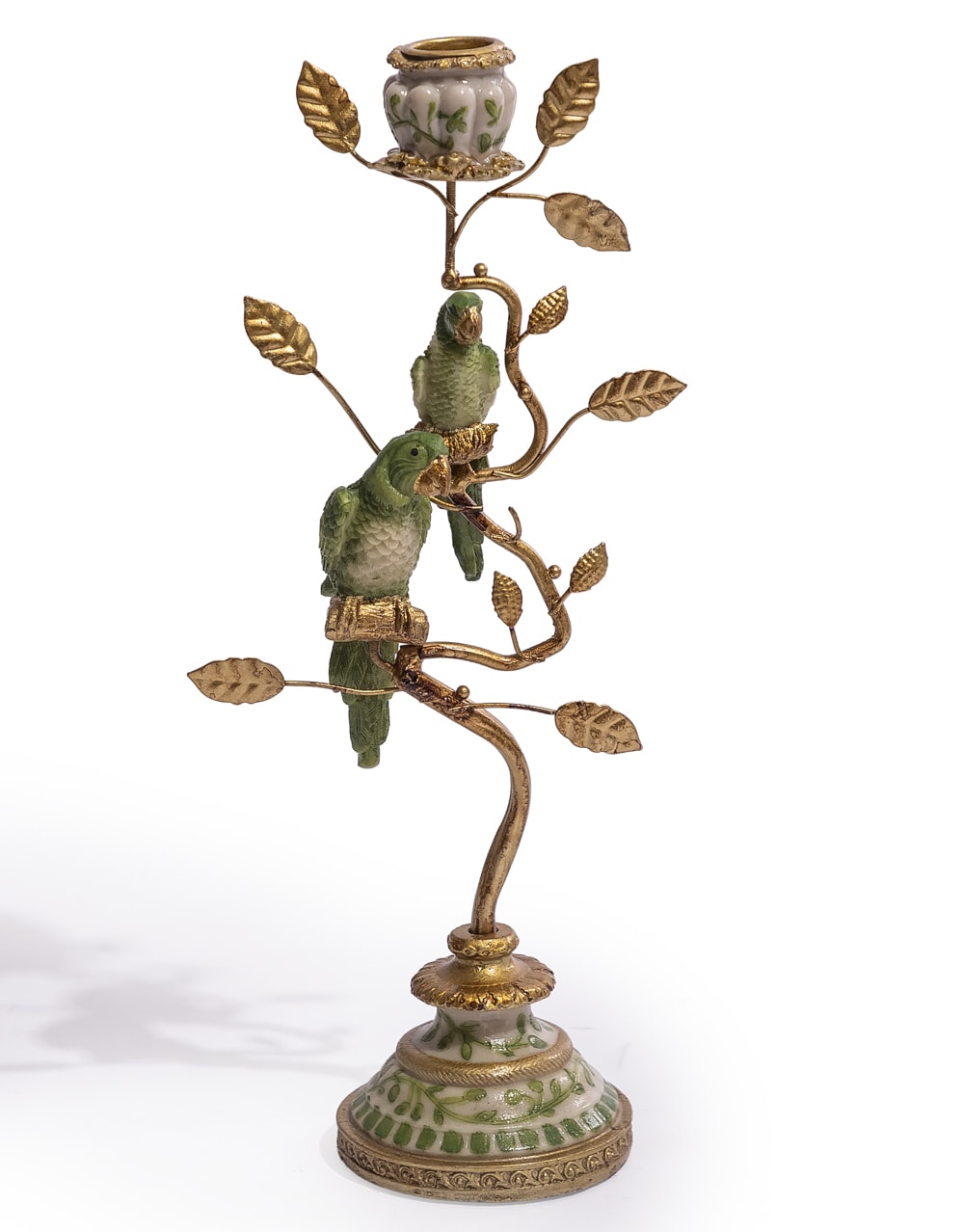 Antiqued Ornate Branch Green/Gold Parrot Candle Holder - RM82