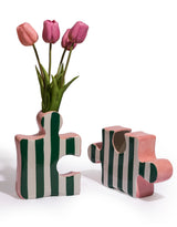 Set of 2 Green/White & Pink Ceramic Jigsaw Piece Vases - EGC26