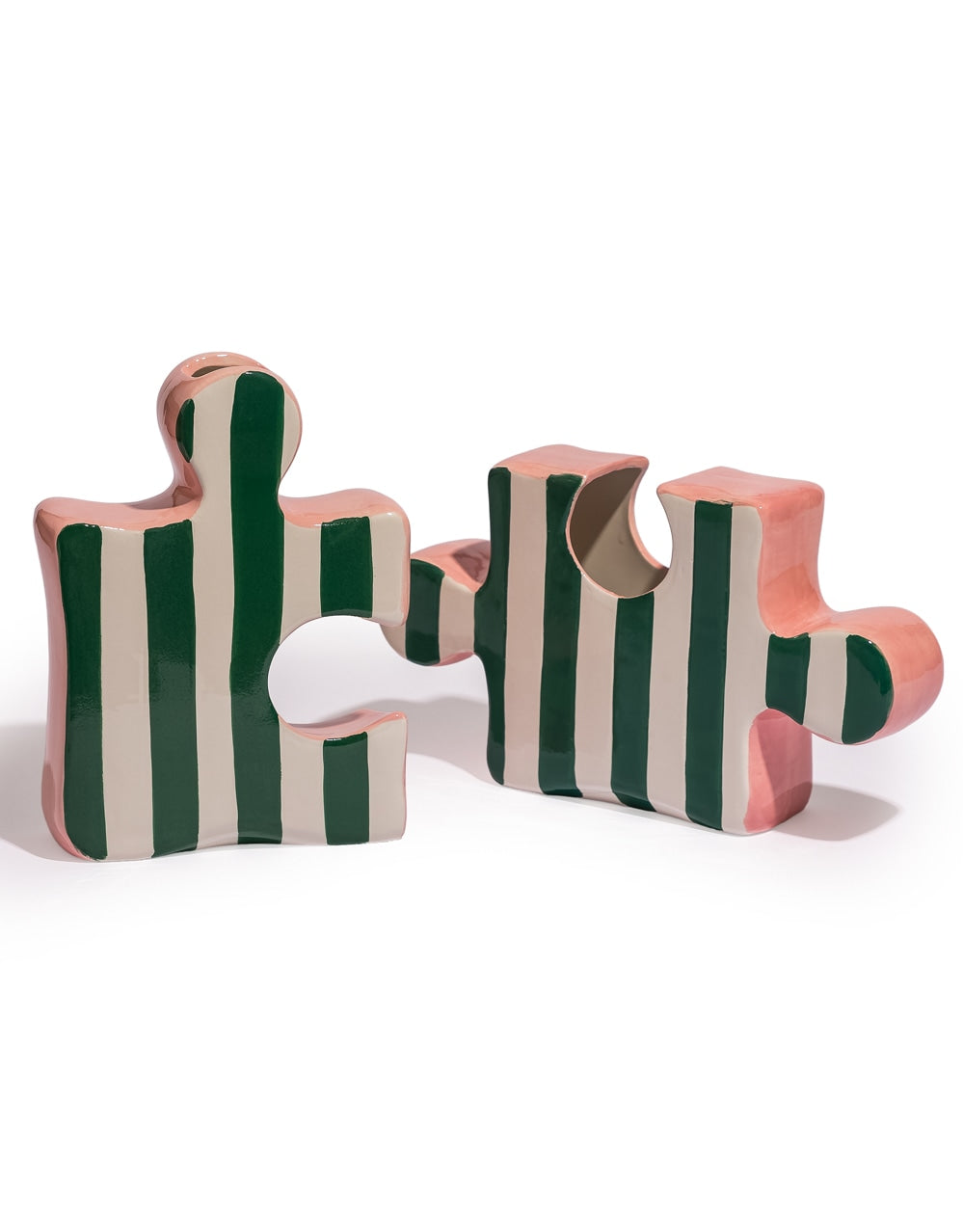 Set of 2 Green/White & Pink Ceramic Jigsaw Piece Vases - EGC26