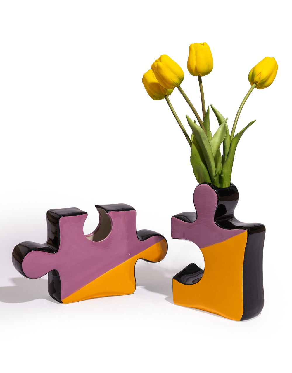 Set of 2 Orange/Purple/Black Ceramic Jigsaw Piece Vases - EGC27