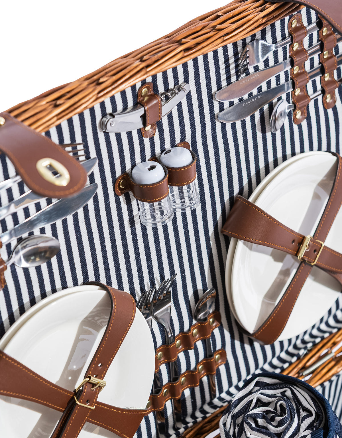 Luxury Pinstripe 4-Person Picnic Hamper w/ Leather Handles & Accessories - LPH11