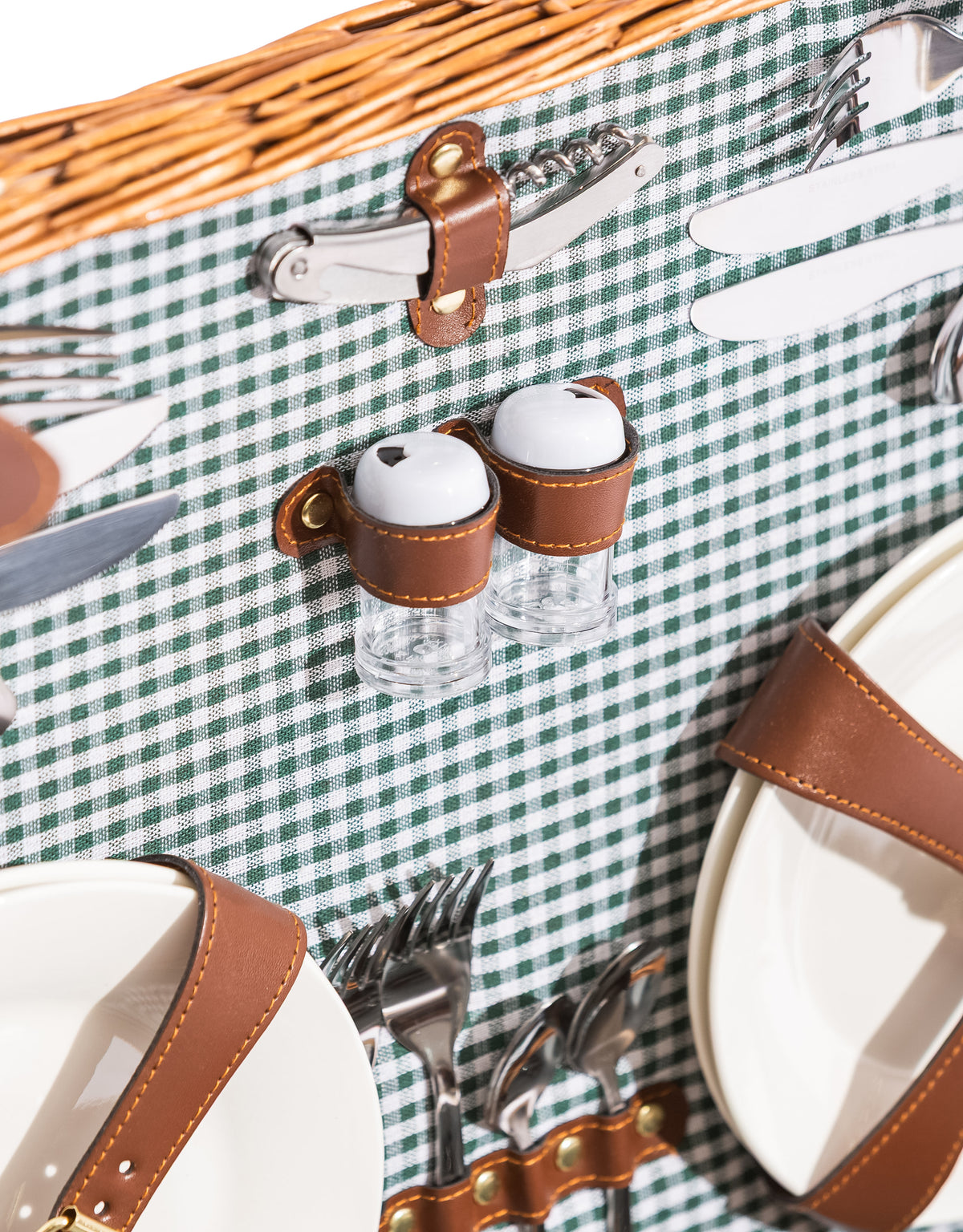 Luxury Gingham 4-Person Picnic Hamper w/ Leather Handles & Accessories - LPH12