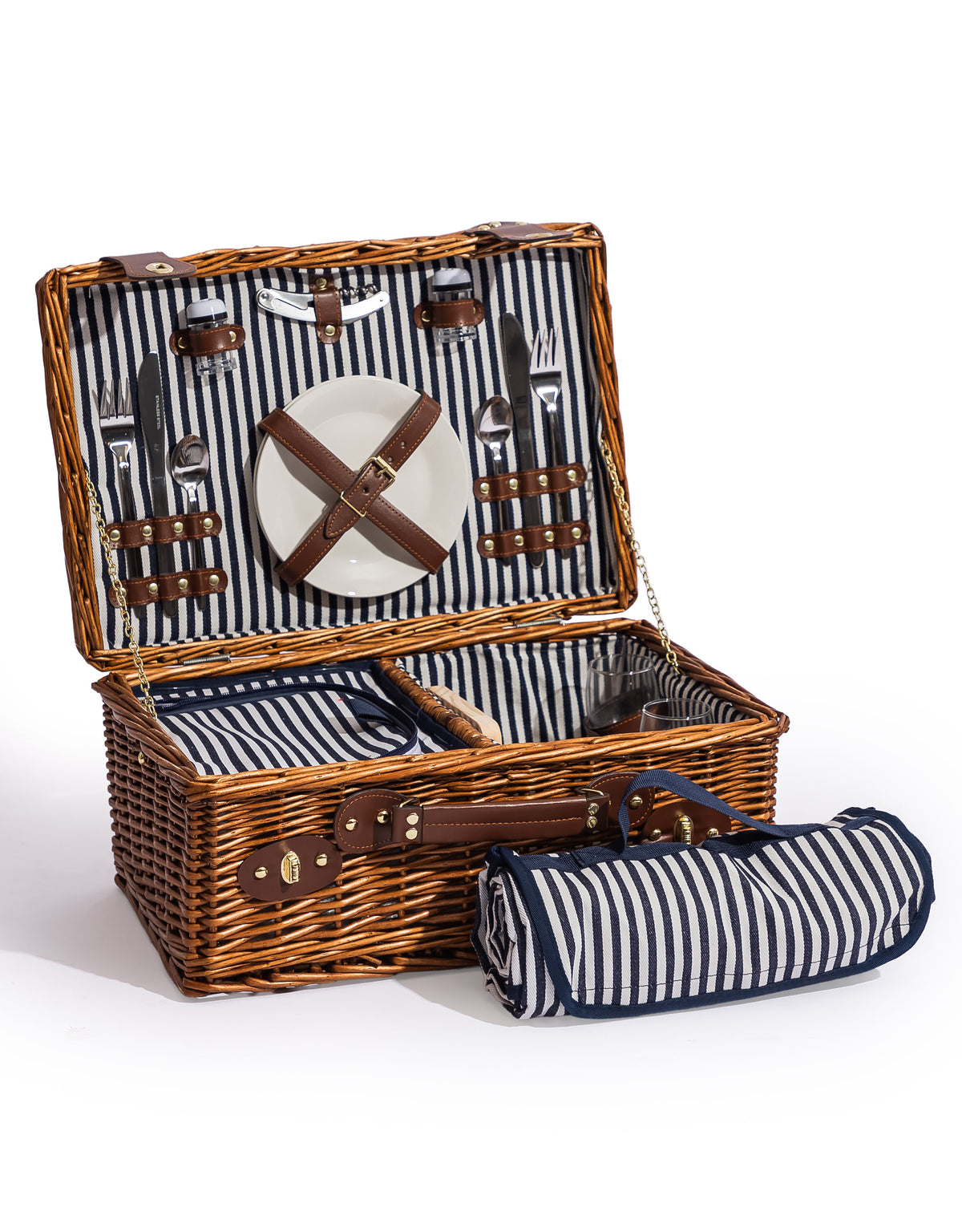 Luxury Pinstripe 2-Person Picnic Hamper w/ Leather Handles & Accessories - LPH14