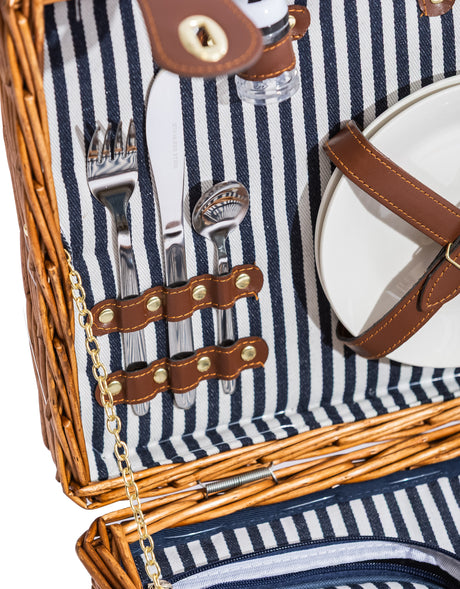 Luxury Pinstripe 2-Person Picnic Hamper w/ Leather Handles & Accessories - LPH14