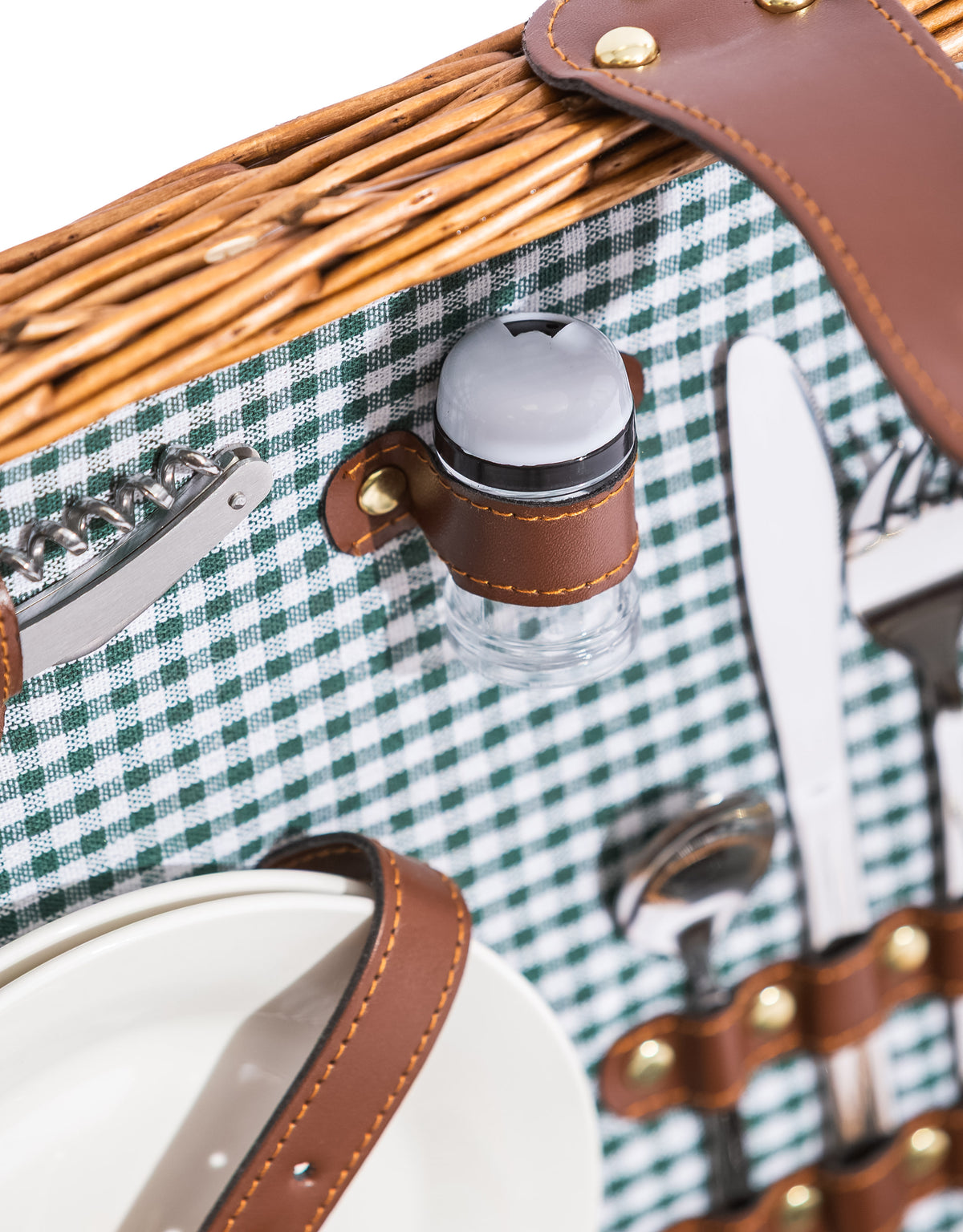 Luxury Gingham 2-Person Picnic Hamper w/ Leather Handles & Accessories - LPH15