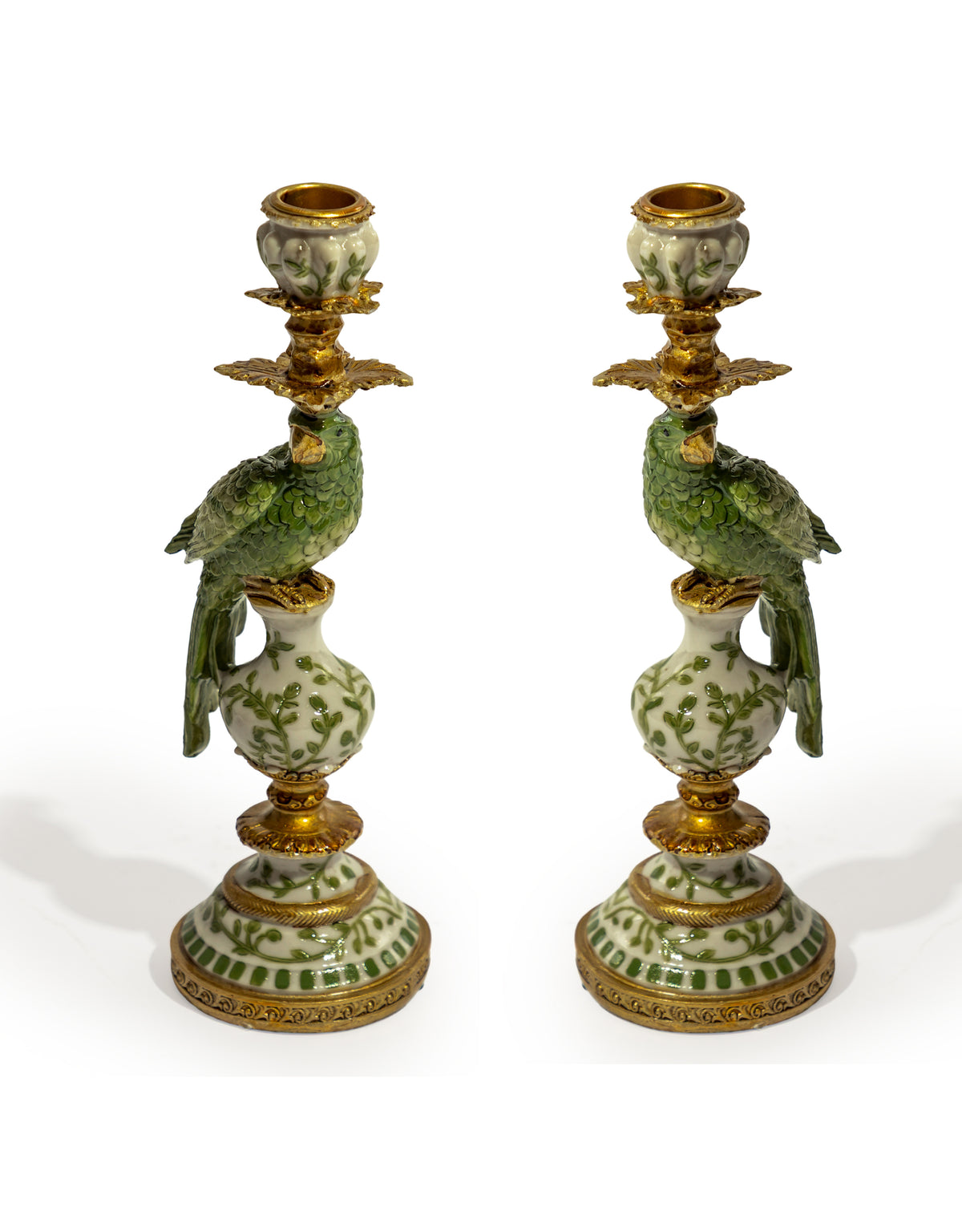 Pair of Antiqued Ornate Green/White Parrot Candle Holders - RM92