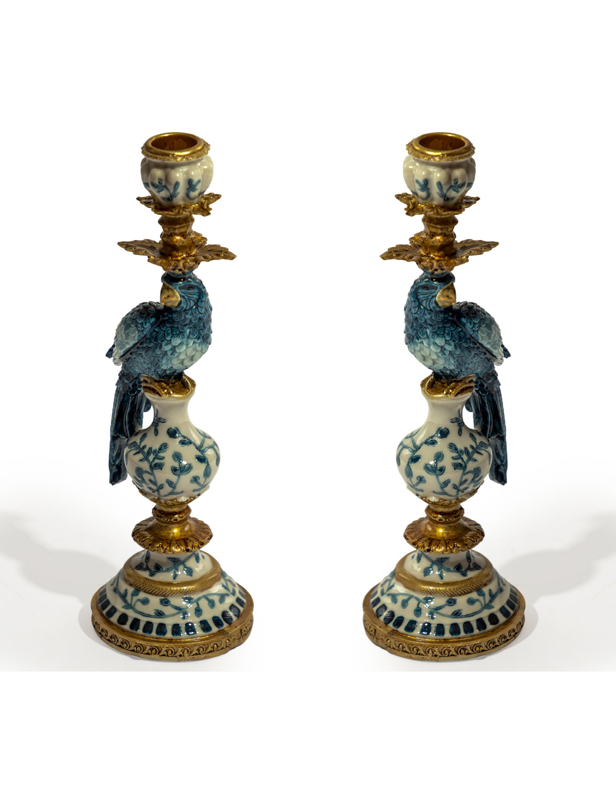 Pair of Antiqued Ornate Blue/White Parrot Candle Holder - RM93