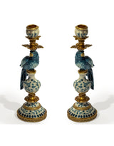 Pair of Antiqued Ornate Blue/White Parrot Candle Holder - RM93