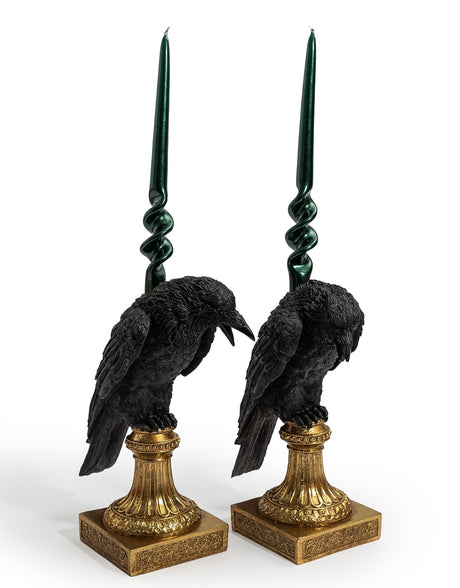 Pair of Raven Candle Holders on Ornate Gold Base - CRT162