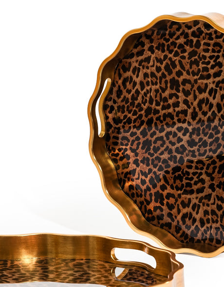 Waved Set of 2 Brushed Gold Leopard Print Serving Trays - LUM27