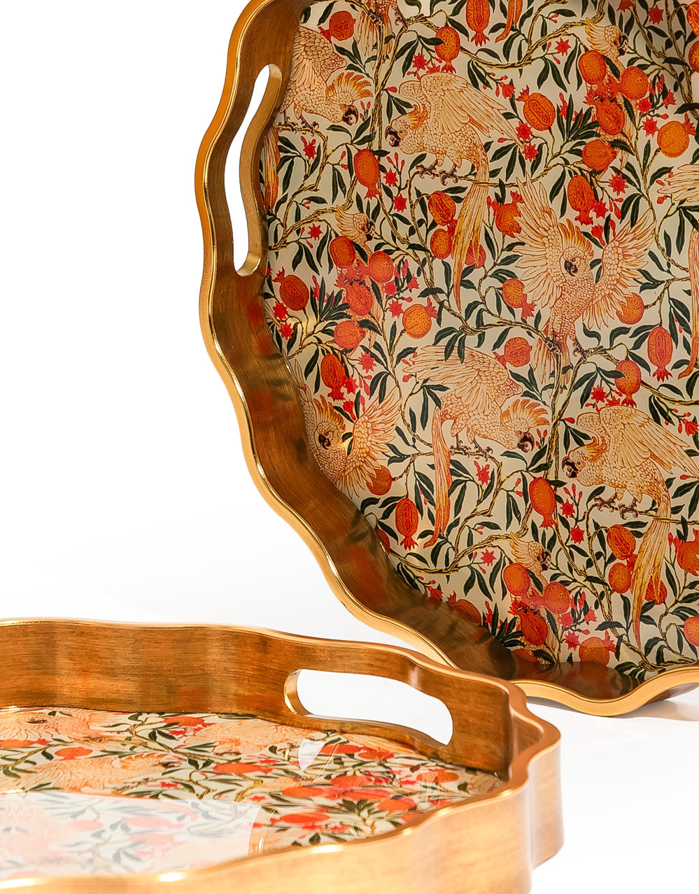 Waved Set of 2 Brushed Gold Cockatoo & Pomegranate Serving Trays - LUM28