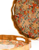 Waved Set of 2 Brushed Gold Cockatoo & Pomegranate Serving Trays - LUM28