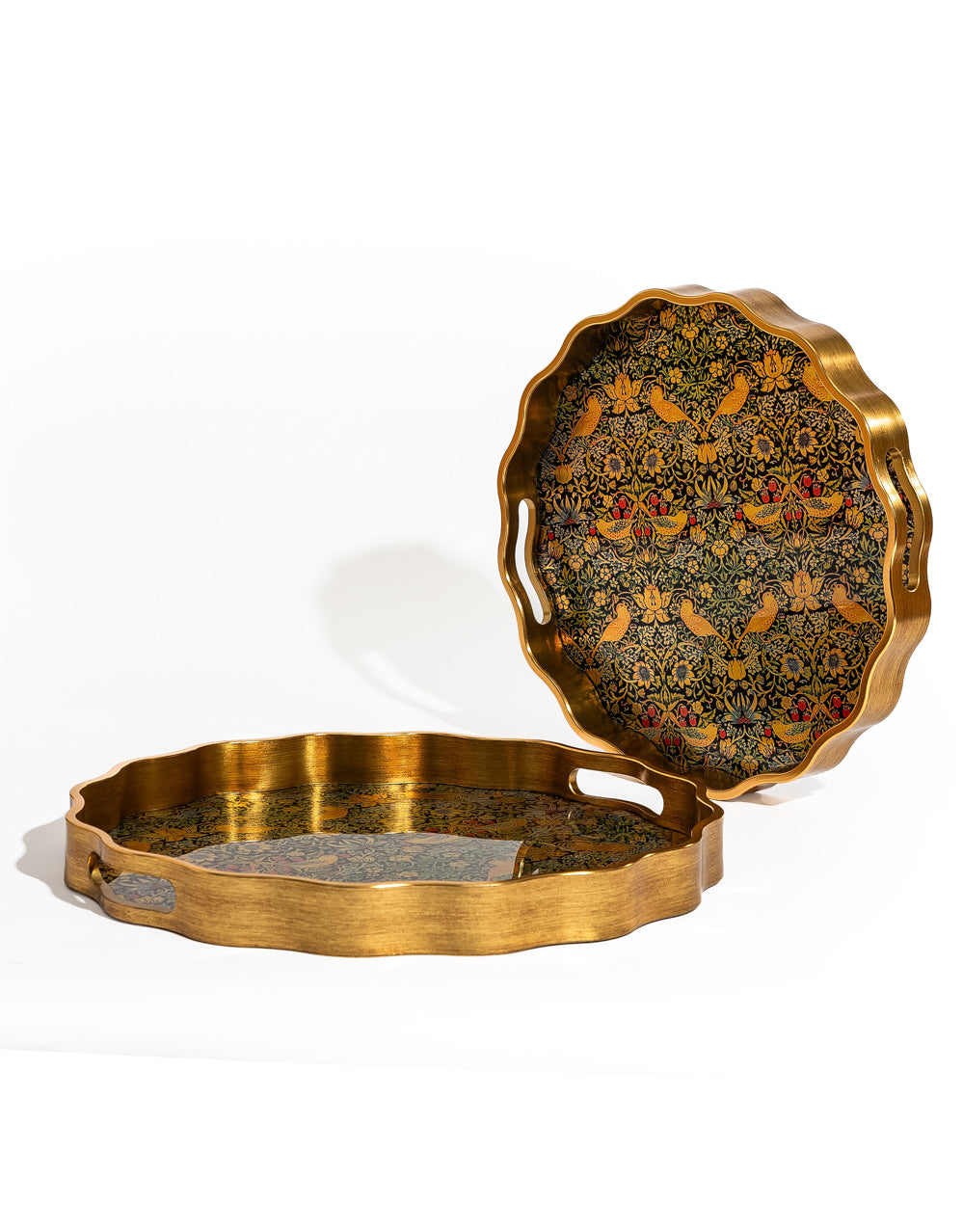 Waved Set of 2 Brushed Gold Strawberry Thief Serving Trays - LUM29