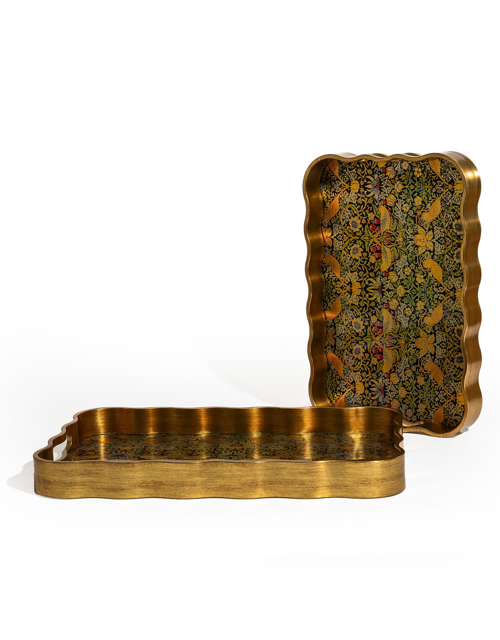 Rectangular Waved Set of 2 Brushed Gold Strawberry Thief Serving Trays - LUM32