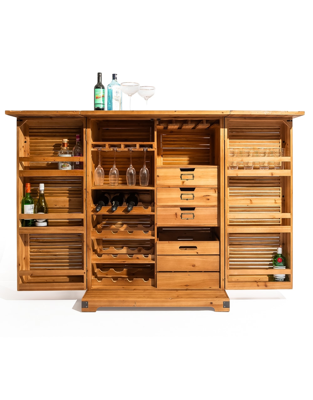 Rustic Slatted Wood Fold-Out Bar Cabinet - RFB42