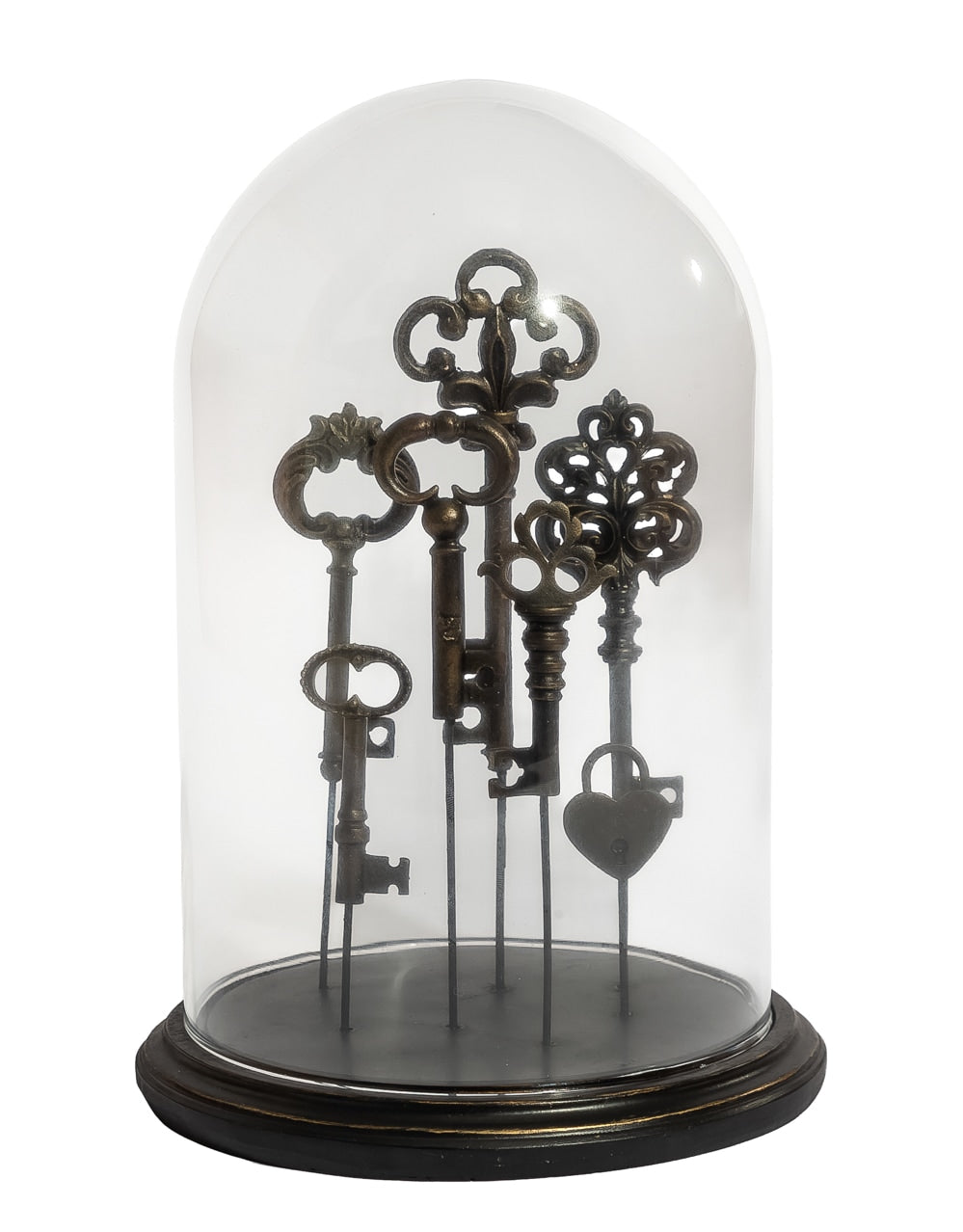 Glass Dome/Cloche w/ Multi Antiqued Keys on Black Base - MK237