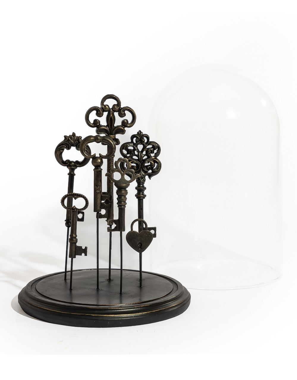 Glass Dome/Cloche w/ Multi Antiqued Keys on Black Base - MK237