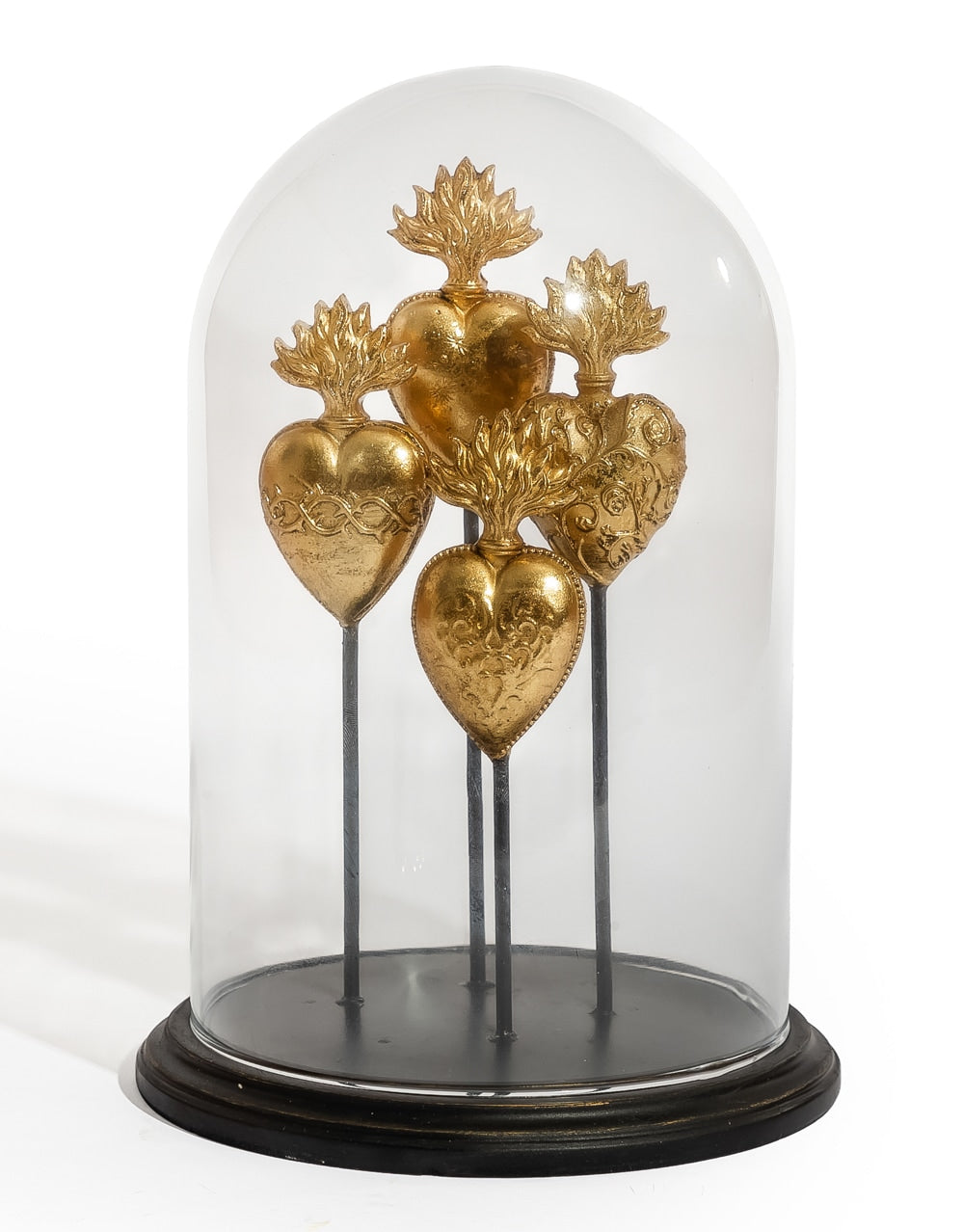 Glass Dome/Cloche w/ Multi Gold Hearts on Black Base - MK239