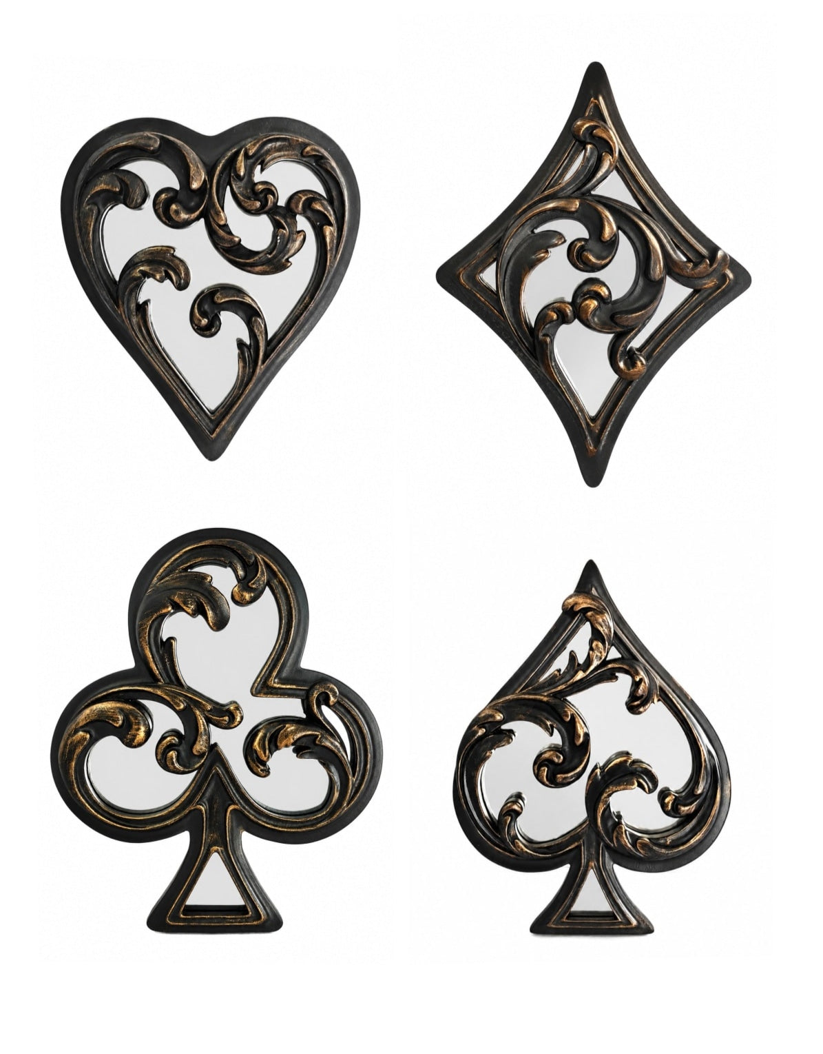 Set of 4 Antique Black "Playing Card Suits" Mirrored Wall Ornaments - MK260