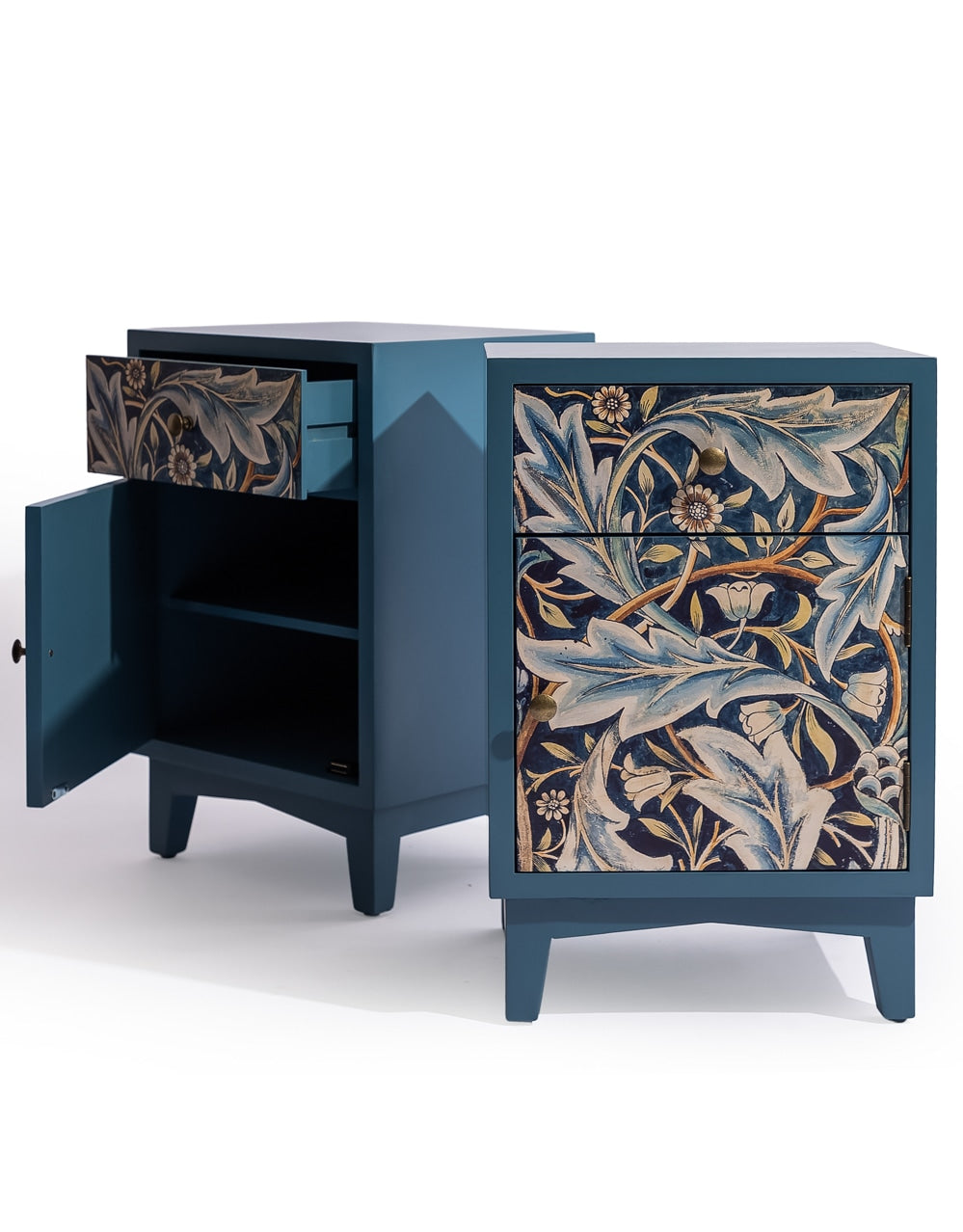 A Pair of Blue "Acanthus" Floral Bedside Tables - JCS45