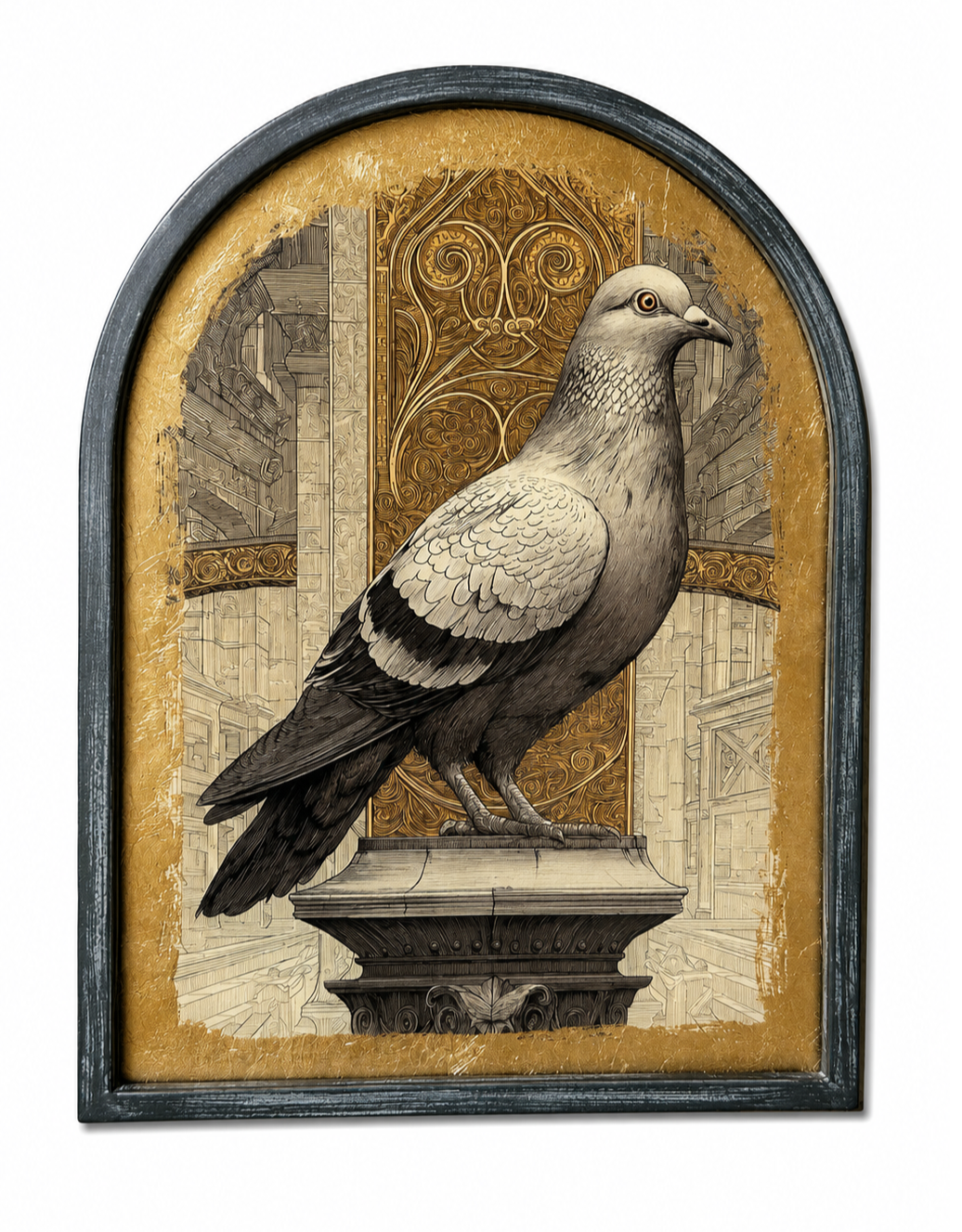 Set of 4 Metal-Framed Gold Neoclassical Pigeon Wall Art Prints - RPM10