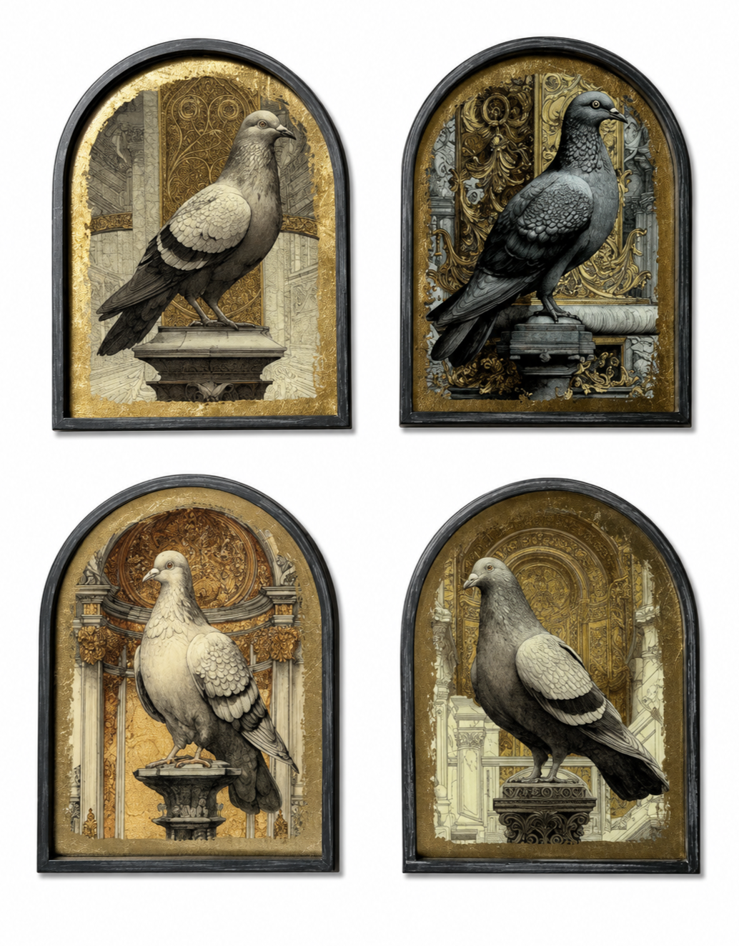 Set of 4 Metal-Framed Gold Neoclassical Pigeon Wall Art Prints - RPM10
