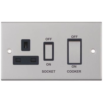 Selectric 5M Satin Chrome 45A DP Switch and 13A Switched Socket with Black Insert