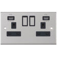 Selectric 5M Satin Chrome 2 Gang 13A Switched Socket with USB Outlet and Black Insert