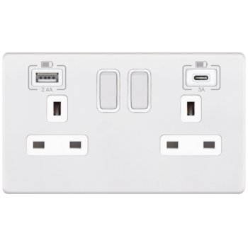 Selectric 5M-Plus Matt White 2 Gang 13A Switched Socket with USB C and A Outlets - White Insert