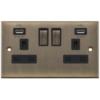Selectric 5M Antique Brass 2 Gang 13A Switched Socket with USB Outlet and Black Insert
