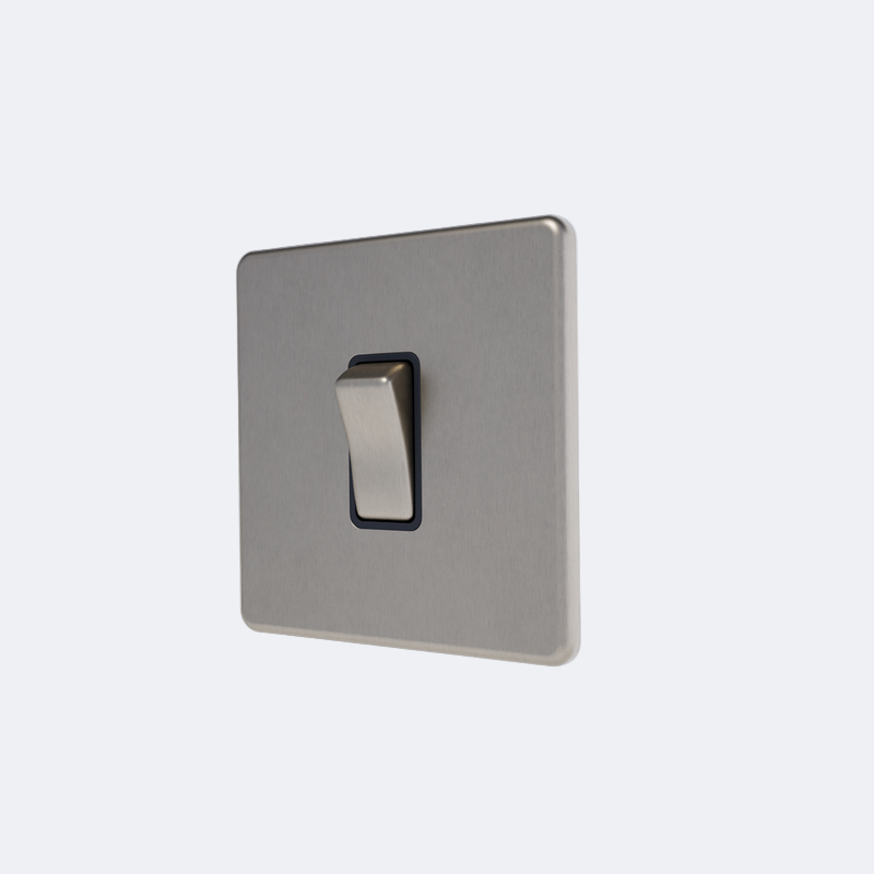 single screwless 20A switch in brushed steel with black inserts
