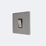 single screwless 20A switch in brushed steel with black inserts