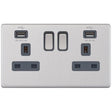 Selectric 5M-Plus Screwless Satin Chrome 2 Gang 13A Switched Socket with USB Outlet and Grey Insert