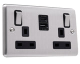 Caradok 2G 13A Switched Socket USB A + C Brushed Chrome Black Insert