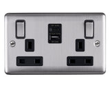 Caradok 2G 13A Switched Socket USB A + C Brushed Chrome Black Insert